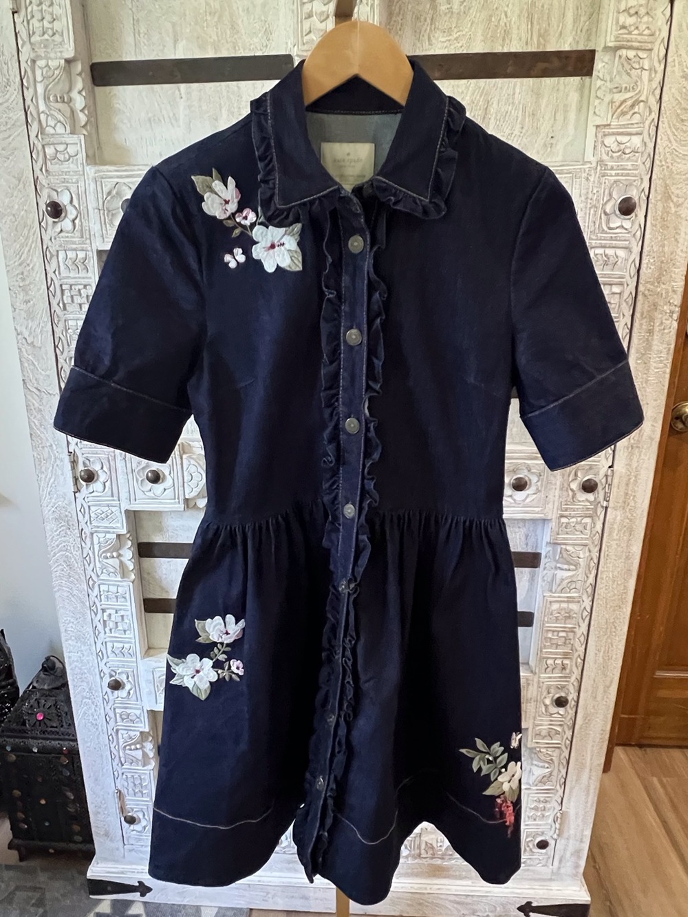 kate spade Navy Ruffle-Trim Denim Dress with Floral Embroidery - Picture 2 of 8